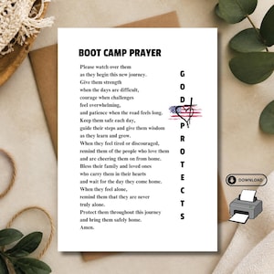 May include: A white rectangular print titled BOOT CAMP PRAYER in black text. The prayer text is followed by the vertical words GOD PROTECTS next to a small graphic of an American flag heart and a cross. A download icon and printer icon are visible.