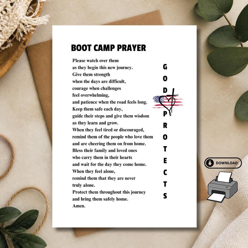 May include: A white rectangular print titled BOOT CAMP PRAYER in black text. The prayer text is followed by the vertical words GOD PROTECTS next to a small graphic of an American flag heart and a cross. A download icon and printer icon are visible.