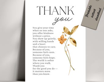 Printable Volunteer Thank You Poem Card, Appreciation Gift, Heartfelt Poem (Digital Download)