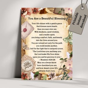 May include: A rectangular wall art print featuring the text You Are a Beautiful Blessing and Numbers 6:24-26. The design includes a vintage paper background, floral illustrations, a wax-sealed envelope, a bee, and a decorative frame with text.