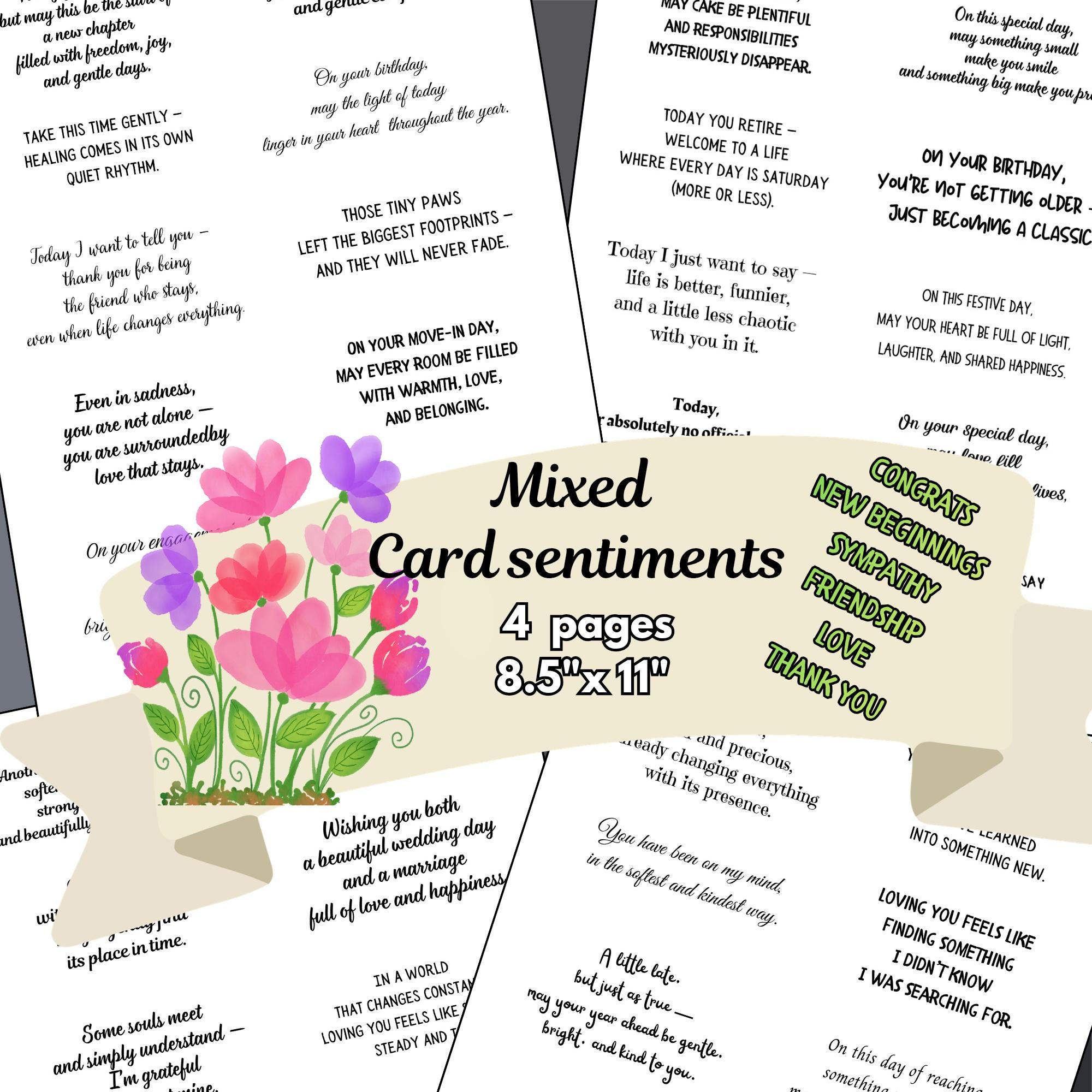 Sentiments For Card Making Printable Card Sentiments, Birthday Sympathy Friendship New Beginnings ...