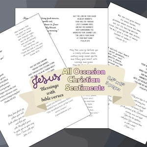 May include: Three white pages of printed text featuring Christian sentiments and Bible verses, overlaid with a beige banner containing the text "Jesus Blessings with bible verses" and "All Occasion Christian Sentiments 8.5" x 11" 3 pages".