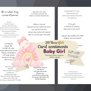 May include: A set of baby girl greeting cards with heartfelt sentiments. The cards feature a pink and yellow rainbow, a baby illustration, and text that reads "Baby Girl." The cards are 8.5" x 11" and have 2 pages.