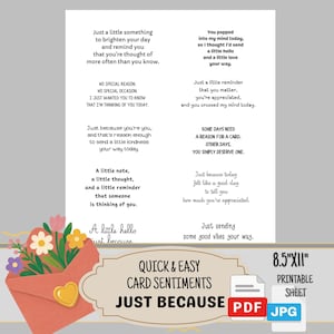 Puede incluir: Una hoja imprimible de sentimientos para tarjetas con texto negro sobre fondo blanco, incluyendo frases como Just a little something to brighten your day. Incluye un sobre color coral con flores, un corazón amarillo y 8,5"x11".