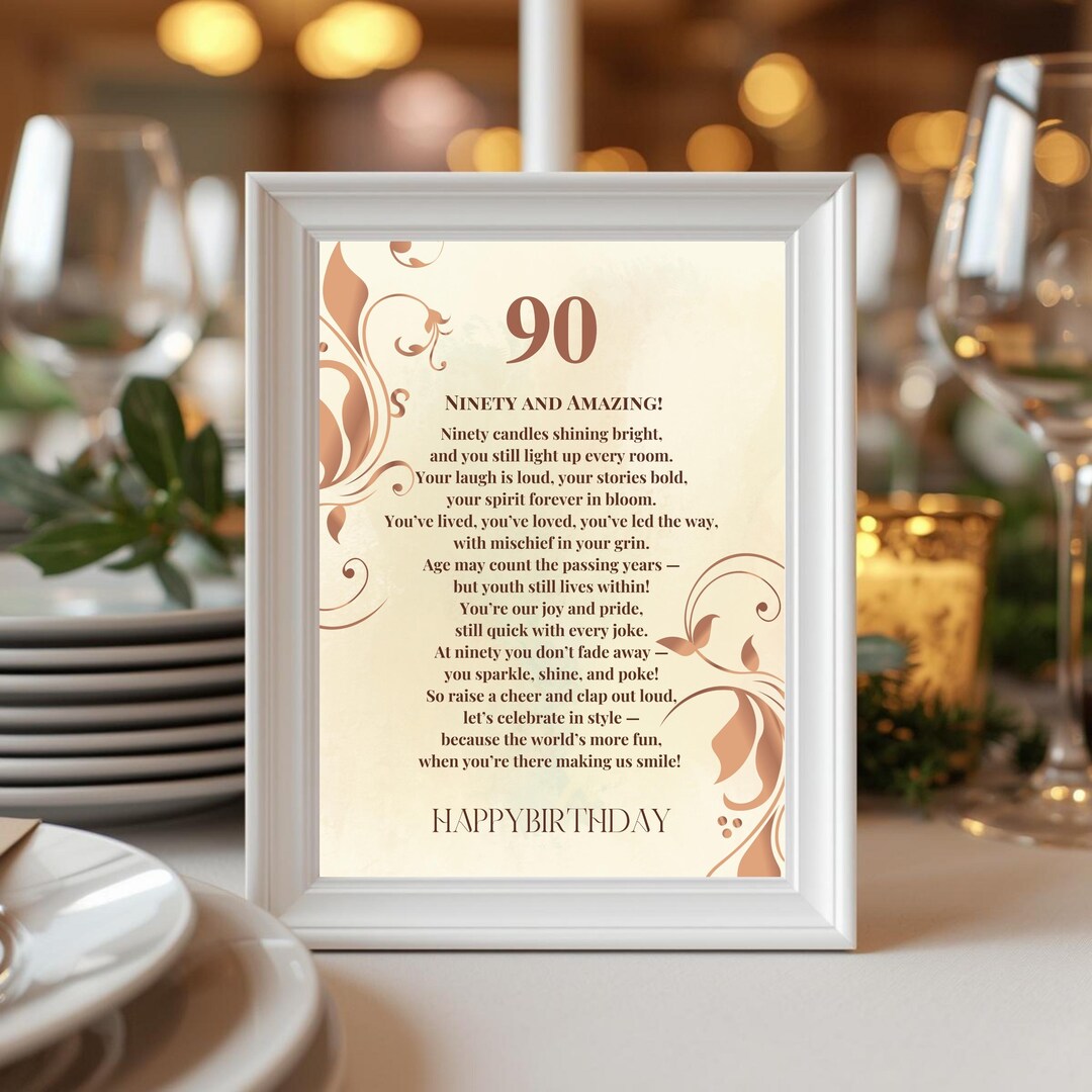 90th Birthday Poem Printable – Elegant 90th Birthday Poster – 90th ...