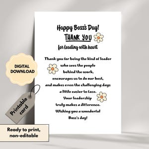May include: A white greeting card featuring black text that reads Happy Boss's Day! THANK YOU for leading with heart, followed by a message of appreciation. The design includes three small, simple white flowers with orange centers.
