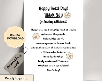 Tarjeta de agradecimiento imprimible para el Día del Jefe: Gracias por liderar con el corazón (Descarga digital)