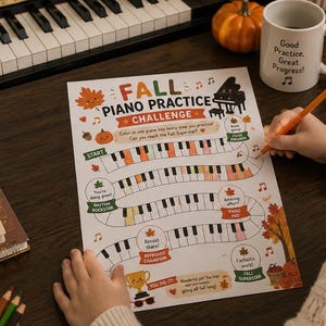 Herbstliche Klavierübungs-Challenge zum Ausdrucken | Klavierübungs-Tracker für Kinder | Arbeitsblatt für Musiklehrer im Herbst | Sofortiger PDF-Download