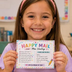 May include: A rectangular Happy Mail card from Mrs. Shelley featuring a colorful border, a checklist of positive behaviors, and a handwritten note that reads: Sophia, You worked so hard on your writing today! Keep up the amazing work! with a pencil graphic.