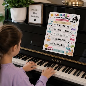 May include: A white paper Summer Piano Practice Challenge sheet with colorful illustrations of a sun, musical notes, a piano, a trophy, and a beach scene. The text reads Summer Piano Practice Challenge, Start, Music Explorer, Amazing effort, Found you, and You did it.