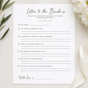 May include: A white paper stationery card titled Letter to the Bride with black printed text and small heart icons. The card includes prompts for name, favorite memory, hopes, what I love most, wedding day wishes, marriage wishes, and final thoughts.