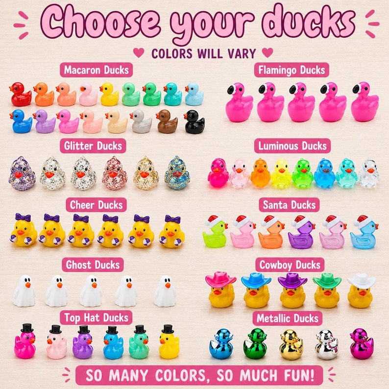 Puede incluir: Una colecci&oacute;n de patos de goma en miniatura categorizados por estilo, incluyendo patos Macaron, Flamingo, Glitter, Luminous, Cheer, Santa, Ghost, Cowboy, Top Hat y Metallic en varios colores. El texto dice Choose your ducks y So many colors, so much fun!