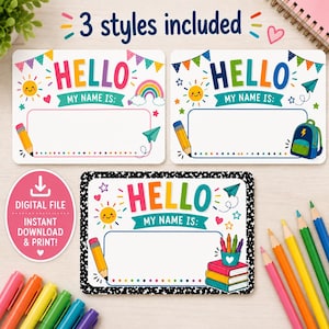 Etichette nominative stampabili e modificabili / Adesivi "Ciao, mi chiamo" / Etichette per insegnanti e studenti / Modello Canva / Download digitale