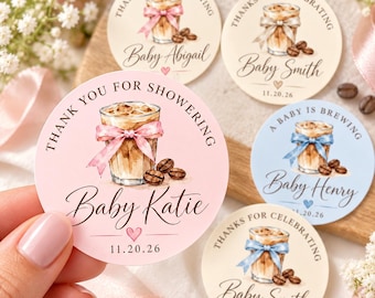 Personalized Coffee Baby Shower Stickers, A Baby Is Brewing, Custom Baby Shower Favor Labels, Pink Blue Neutral, 1.75 Inch Round