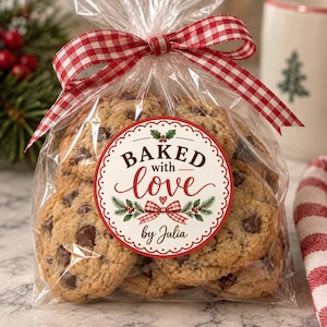 May include: A clear plastic bag filled with chocolate chip cookies, tied with a red and white gingham ribbon. A circular sticker on the front features the text BAKED with love by Julia, decorated with holly leaves, berries, and a small bow.