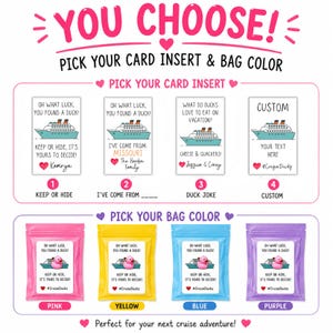 Puede incluir: Una gu&iacute;a de selecci&oacute;n para etiquetas y bolsas de patitos de crucero. La secci&oacute;n superior muestra cuatro opciones de tarjetas con gr&aacute;ficos de cruceros y texto. La secci&oacute;n inferior muestra cuatro bolsas de pl&aacute;stico en rosa, amarillo, azul y morado.