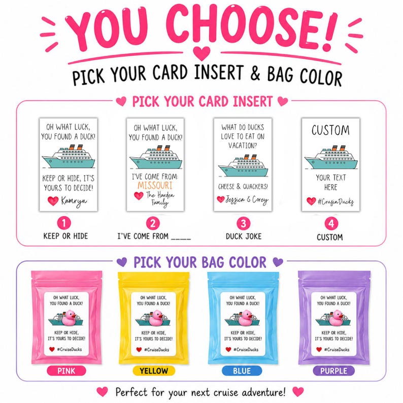 Puede incluir: Una gu&iacute;a de selecci&oacute;n para etiquetas y bolsas de patitos de crucero. La secci&oacute;n superior muestra cuatro opciones de tarjetas con gr&aacute;ficos de cruceros y texto. La secci&oacute;n inferior muestra cuatro bolsas de pl&aacute;stico en rosa, amarillo, azul y morado.