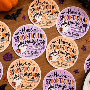 May include: Round stickers featuring a cartoon ghost wearing a captain's hat, a cruise ship, and palm trees. The text reads Have a SPOOK-TACULAR cruise! The Smiths Stateroom: 12345. The design includes orange, purple, and black accents.