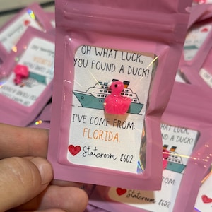 Puede incluir: Una peque&ntilde;a figura de pato de pl&aacute;stico rosa dentro de una bolsa rosa resellable. El empaque incluye una tarjeta con una ilustraci&oacute;n de un crucero y el texto: OH WHAT LUCK, YOU FOUND A DUCK! I'VE COME FROM: FLORIDA. Un coraz&oacute;n rojo y Stateroom 8602.
