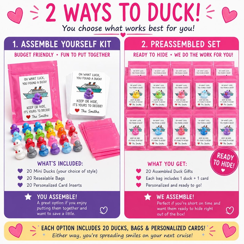 Puede incluir: Una presentaci&oacute;n de producto con dos opciones para kits de patitos de crucero. El lado izquierdo muestra un kit para ensamblar con 20 mini patos de goma, 20 bolsas rosas resellables y 20 tarjetas personalizadas. El lado derecho muestra 20 bolsas de regalo preensambladas.