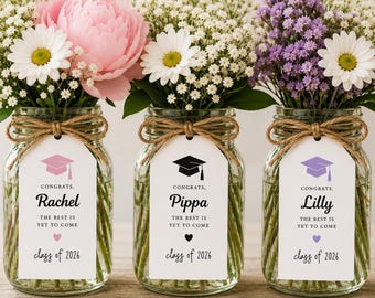 Set of 6 Graduation Centerpiece Tags, Personalized Graduation Vase Tags, Class of 2026 Grad Party Decor