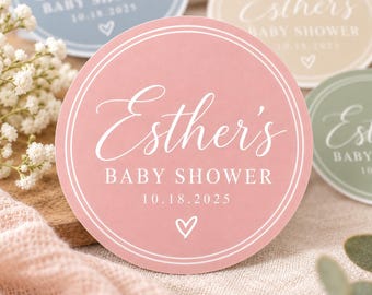 Personliga babyshower-klistermärken, Anpassade babyshower-gåvoetiketter, Tryckta runda klistermärken, Anpassat namn och färg, Festgåvor