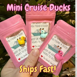 Puede incluir: Tres peque&ntilde;as bolsas rosas resellables que contienen cada una un patito de goma diminuto y una tarjeta. Las tarjetas muestran una ilustraci&oacute;n de un crucero y el texto: OH WHAT LUCK, YOU FOUND A DUCK! KEEP OR HIDE, IT IS YOURS TO DECIDE! Los patitos son amarillos, azules y rosas.