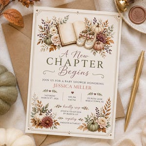 May include: A rectangular baby shower invitation card featuring an open book, baby shoes, and autumn-themed floral arrangements with pumpkins. The text reads A New Chapter Begins, honoring Jessica Miller on Saturday, March 9th, 2026, at 3:00 PM.