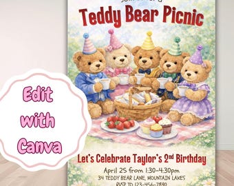 May include: A whimsical invitation for a teddy bear picnic, featuring five teddy bears in party hats enjoying tea and treats. The text reads "Join us for a Teddy Bear Picnic" and "Let's Celebrate Taylor's 2nd Birthday". The invitation is designed with a watercolor style.