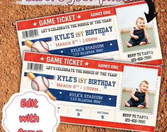 May include: Baseball-themed birthday party invitation. The design features a baseball and bat graphic, with text that reads "Kyle's 1st Birthday" and "Game Ticket." Includes a photo of a baby. The invitation is customizable with the text "Insert your photo" and "Edit with Canva."
