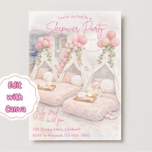 Sleepover Birthday Party Invite | Teepee Sleepover Party Invite | Girls Slumber Party Invitation | Editable Birthday Invitation | Printable