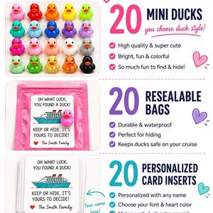 Puede incluir: Un conjunto que incluye 20 mini patos de goma coloridos, 20 bolsas resellables rosas y 20 tarjetas blancas. Las tarjetas muestran una ilustraci&oacute;n de un crucero y el texto: OH WHAT LUCK, YOU FOUND A DUCK! KEEP OR HIDE, IT'S YOURS TO DECIDE! The Smith Family.