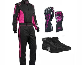 Conjunto de traje de carreras K1 RaceGear Challenger en negro y rosa | Traje de karting con guantes y zapatos | Paquete de traje de automovilismo para niños y adultos
