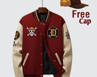 One Piece Varsity Jacket Men, Straw Hat Pirates Bomber Jacket, Anime Streetwear Coat, Luffy Jacket, Gift for Anime Fans + Free Cap