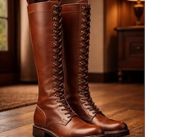 Botas altas de cuero marrón para hombre – Botas estilo militar con cordones – Botas de combate hechas a mano – Botas de trabajo duraderas – Calcetines incluidos GRATIS