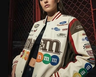 Chaqueta universitaria M&M Racing estilo vintage | Chaqueta bomber de automovilismo bordada | Abrigo de carreras estilo streetwear unisex