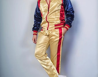 Chándal de satén brillante para hombre, estilo retro, dorado, rojo y azul, conjunto deportivo de dos piezas, ropa urbana vintage.