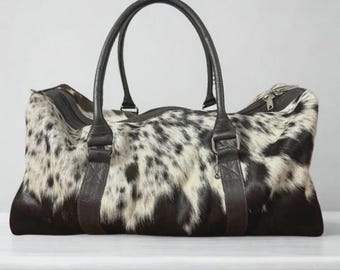 Luxury Cowhide Leather Duffel Bag – Black & White Hair-On Hide Travel Weekender