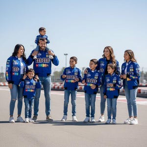May include: A family group wearing matching blue jackets featuring the "m&m's" logo and colourful details. They are all wearing blue jeans. The group is standing on a race track.