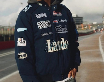 Chaqueta bomber Lando Norris F1 Racing LN4, chaqueta universitaria de Fórmula 1, abrigo vintage de carreras, regalo para fanáticos de la F1 con camiseta GRATIS.