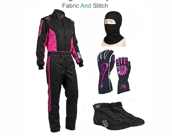 Conjunto de traje de carreras K1 RaceGear Challenger en negro y rosa | Traje de karting con guantes, zapatos y pasamontañas | Paquete de traje de automovilismo para niños y adultos