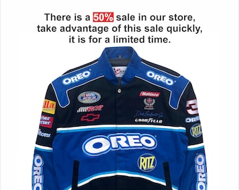 Chaqueta de carreras Oreo vintage para hombre | Chaqueta bomber estilo NASCAR | Chaqueta azul de automovilismo | Chaqueta de carreras urbana de regalo