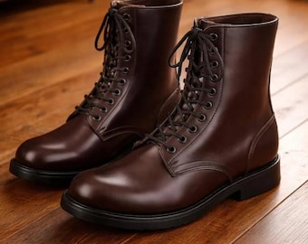 Botas Panzer de cuero marrón hechas a mano: Botas de combate de cuero estilo oficial militar con calcetines de regalo.