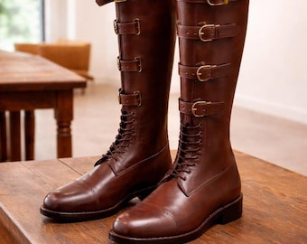 Botas altas de piel de primera calidad hechas a mano para montar a caballo, estilo polo, con 4 hebillas ajustables | Botas de montar estilo steampunk vintage para cumpleaños (con calcetines de regalo)