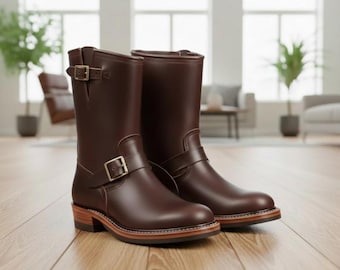 Botas de ingeniero de cuero marrón oscuro hechas a mano – Botas de motociclista vintage para hombre con hebilla, incluye par de calcetines GRATIS