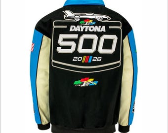 Chaqueta de carreras Daytona 500 2026 – Estilo vintage NASCAR – Bomber negra | Chaqueta universitaria bordada de automovilismo. Incluye camiseta y pasamontañas gratis.