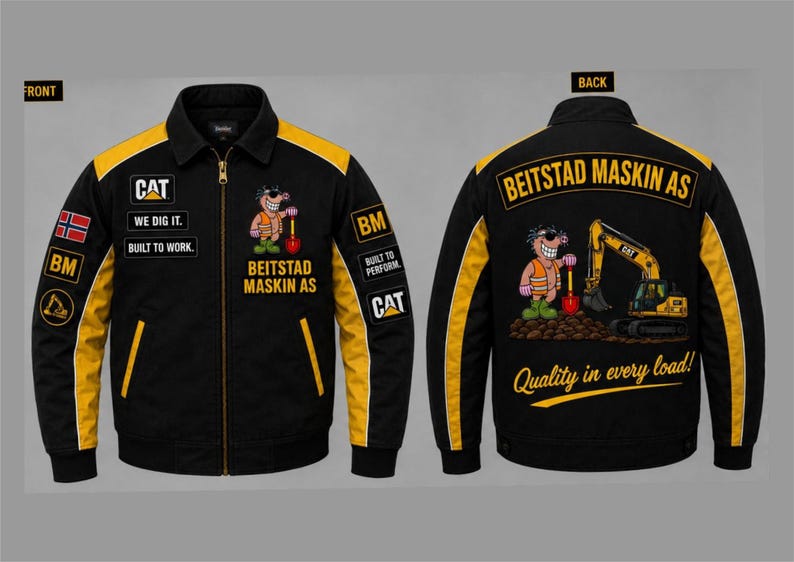 Puede incluir: Chaqueta de trabajo negra con detalles amarillos, con el texto "BEITSTAD MASKIN AS" y un personaje de dibujos animados con una pala. La parte delantera muestra la bandera noruega y el logotipo "CAT". La parte trasera muestra una excavadora CAT.
