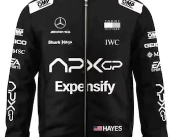 Chaqueta APX GP Racing inspirada en Brad Pitt | Chaqueta bomber negra Mercedes F1 | Chaqueta para aficionados al automovilismo | Camiseta y pasamontañas de regalo