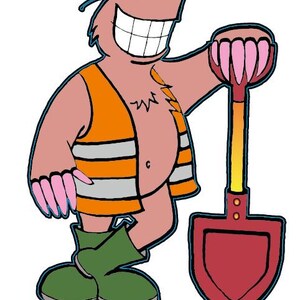 Puede incluir: Ilustraci&oacute;n de dibujos animados de un topo sonriente con un chaleco de seguridad naranja y botas verdes, sosteniendo una pala roja. El topo tiene manos rosas y una nariz rosa, y lleva gafas de sol negras.