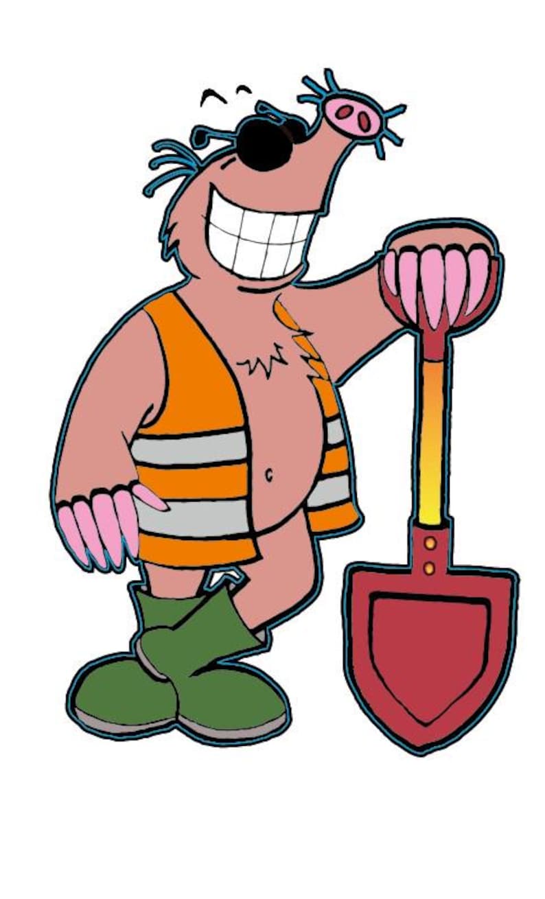 Puede incluir: Ilustraci&oacute;n de dibujos animados de un topo sonriente con un chaleco de seguridad naranja y botas verdes, sosteniendo una pala roja. El topo tiene manos rosas y una nariz rosa, y lleva gafas de sol negras.